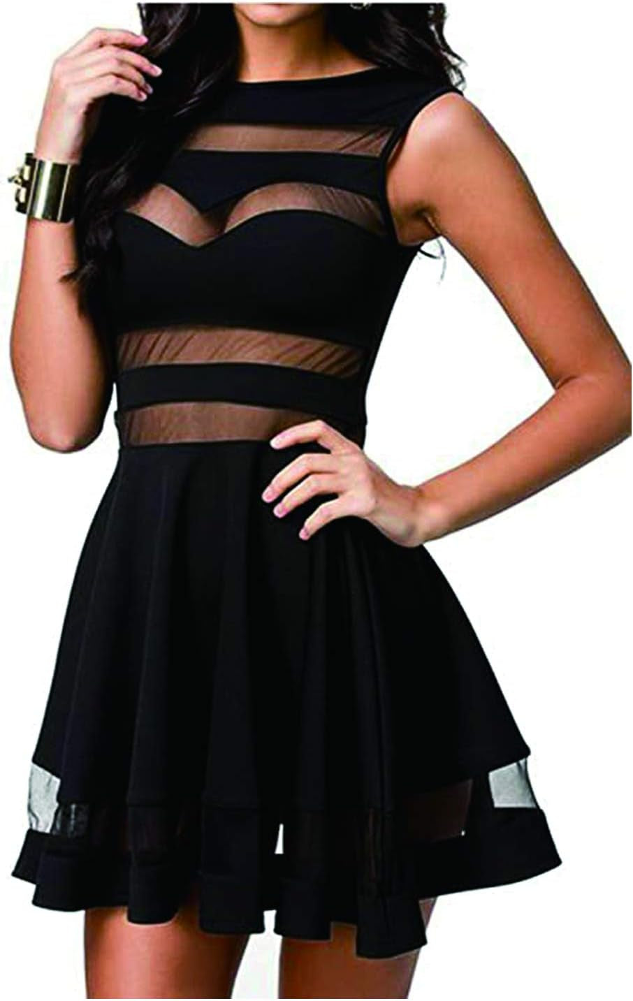 Sexy Mini Skater Dress Mesh See through Party Club Little Black Dress