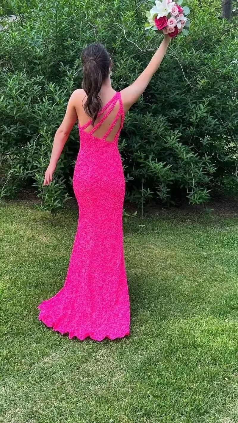 One Shoulder Sequin Prom Dresses High Slit Wedding Dresses for Women Formal Evening Dresses 2022