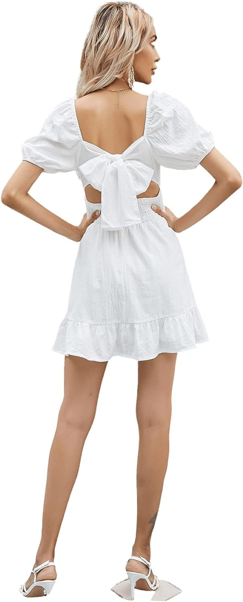 Women'S Short Puff Sleeve Shirred Tie Back Ruffle Hem a Line Short Dress