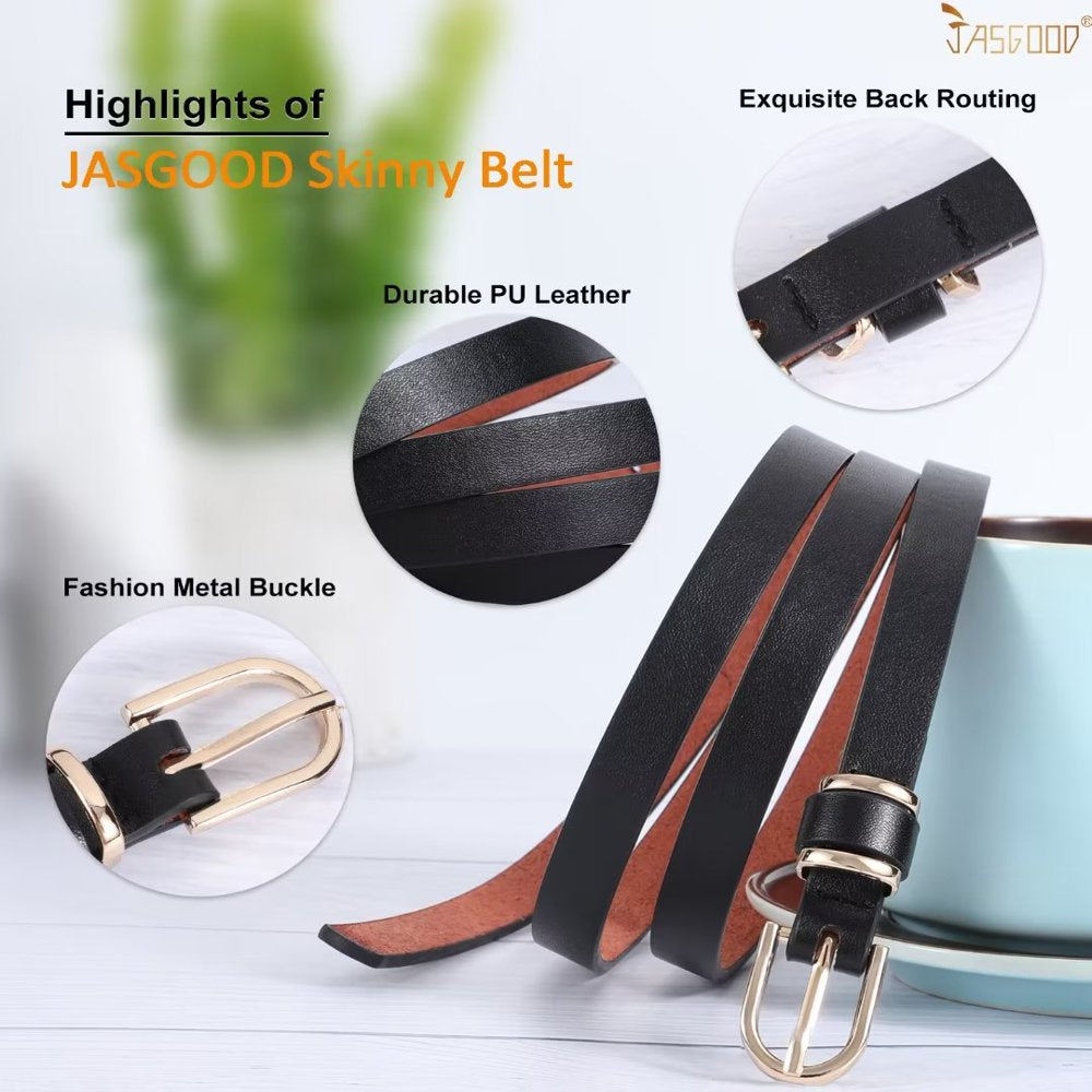 2PCS Women Leather Belt Ladies Skinny Belts for Dresses Jeans Pants with Gold Buckle