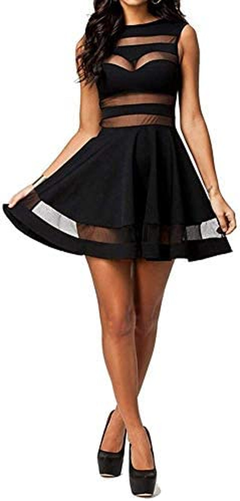 Sexy Mini Skater Dress Mesh See through Party Club Little Black Dress