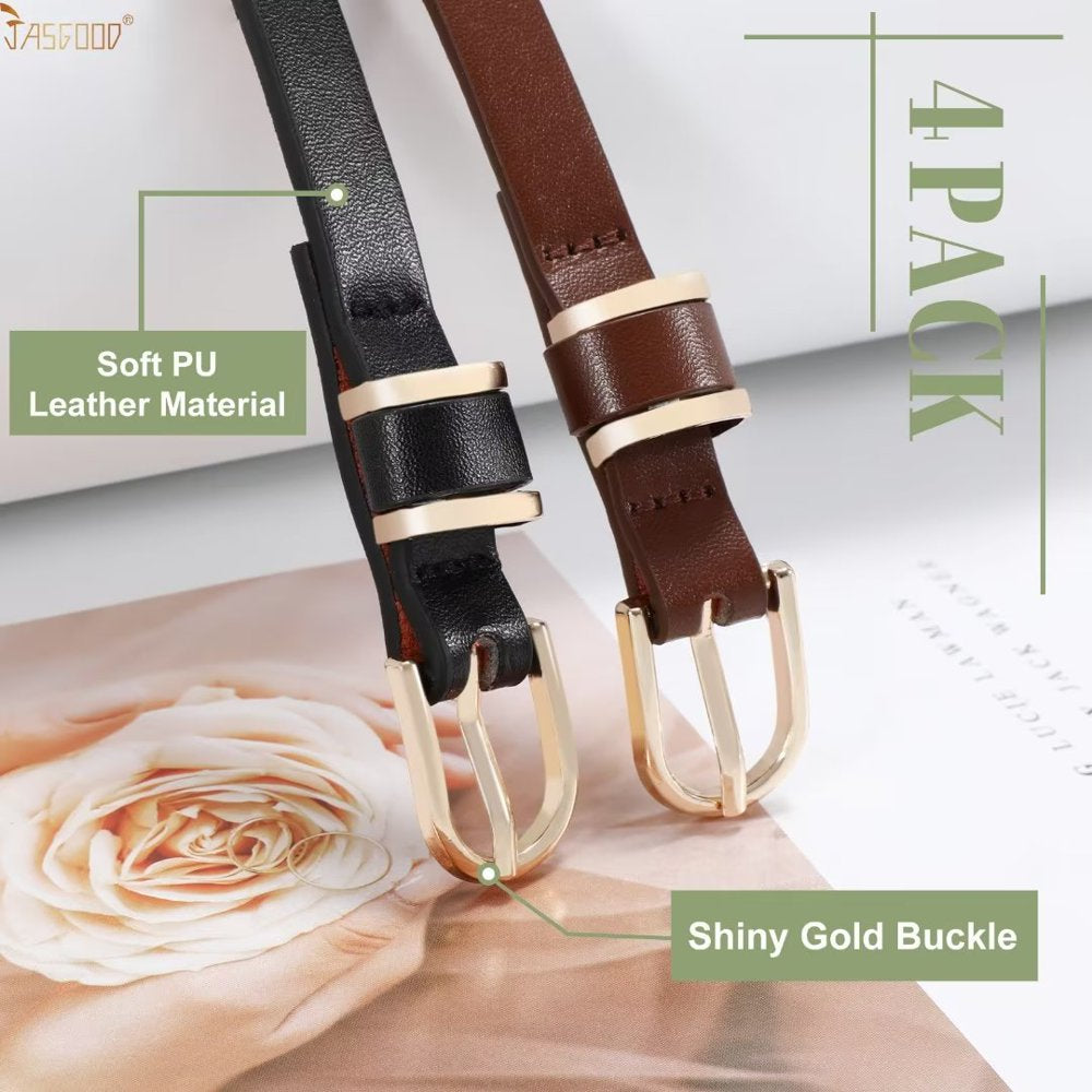 2PCS Women Leather Belt Ladies Skinny Belts for Dresses Jeans Pants with Gold Buckle