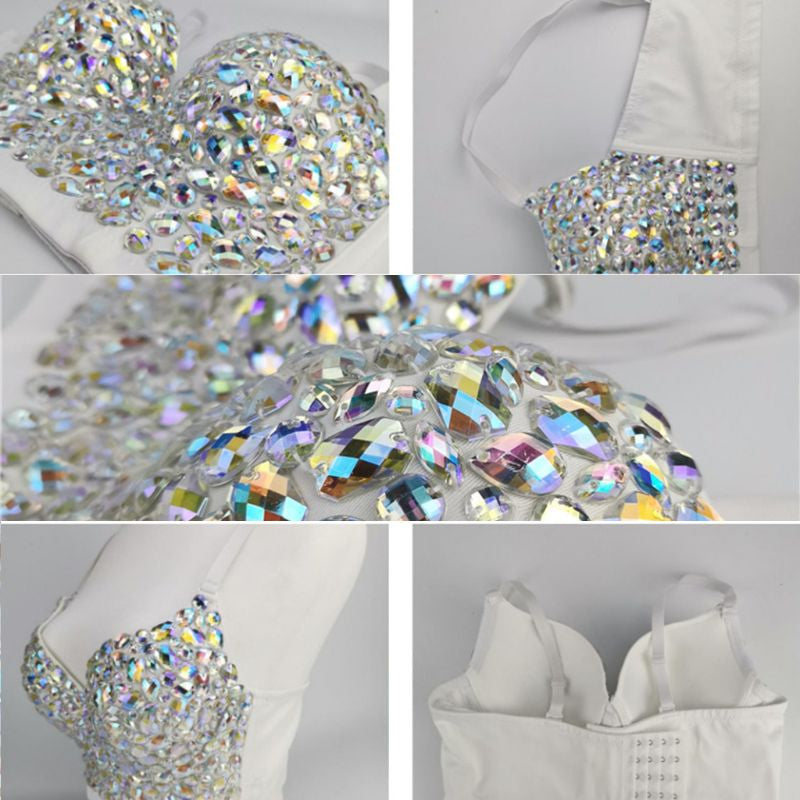 Women AB Colored Rhinestone Bustier Crop Top Spaghetti Strap Push up Corset Vest