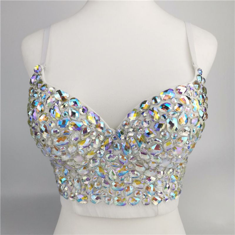 Women AB Colored Rhinestone Bustier Crop Top Spaghetti Strap Push up Corset Vest