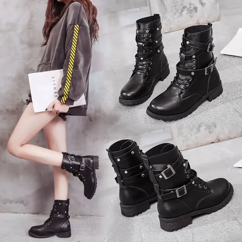 Punk Style Motorcycle Boots for Women Autumn 2019 Short Velvet Buckle Combat Boots Ladies Shoes Winter Boots Women