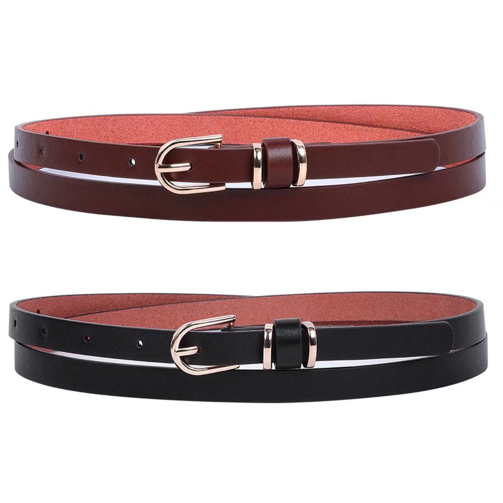 2PCS Women Leather Belt Ladies Skinny Belts for Dresses Jeans Pants with Gold Buckle