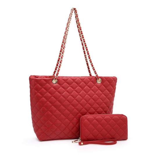 Poppy Quilted Women Handbags Purses Leather Tote Bag Satchel Wallet Set 2Pcs Chain Strap Shoulder Bag Classic