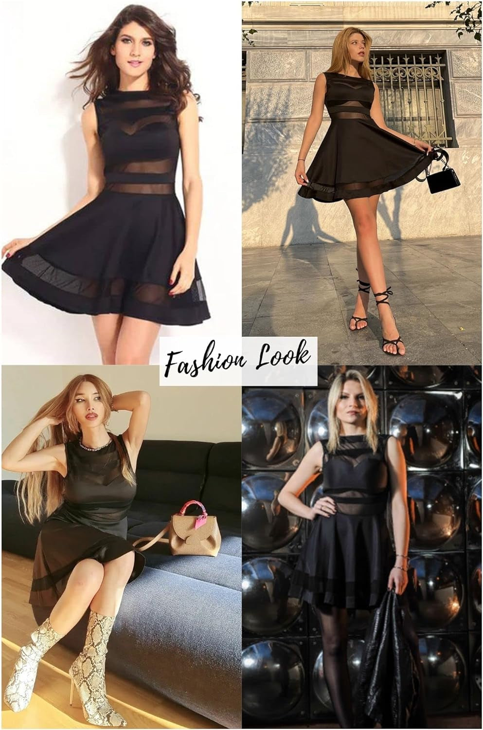 Sexy Mini Skater Dress Mesh See through Party Club Little Black Dress