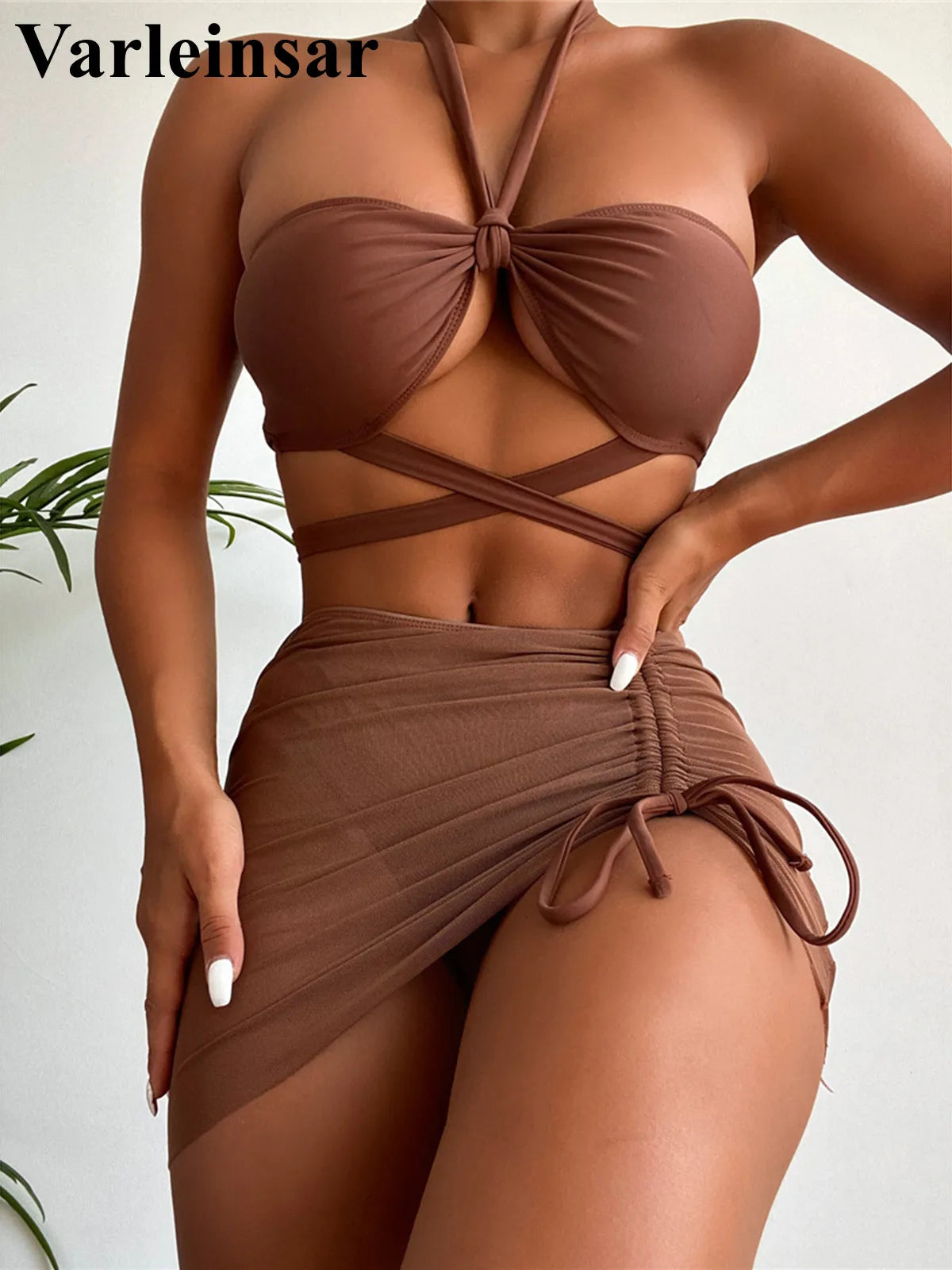 3 PCS with Skirt Halter Bikini Women Swimwear Female Swimsuit Three-Pieces Padded Bikini Set Bather Bathing Suit Swim Lady V3486